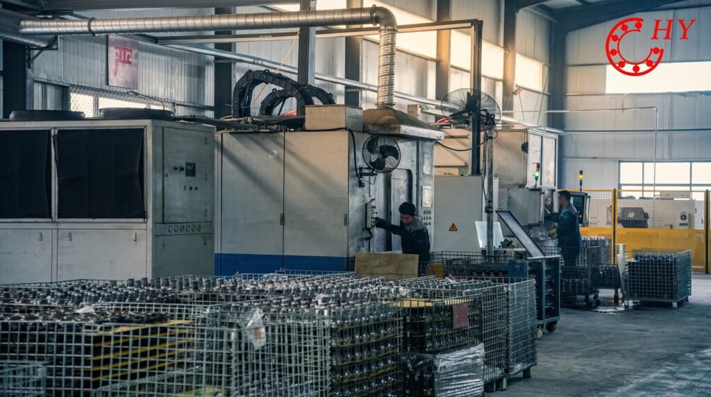 The professional equipment in the heat treatment workshop and the high-quality bearing parts being processed