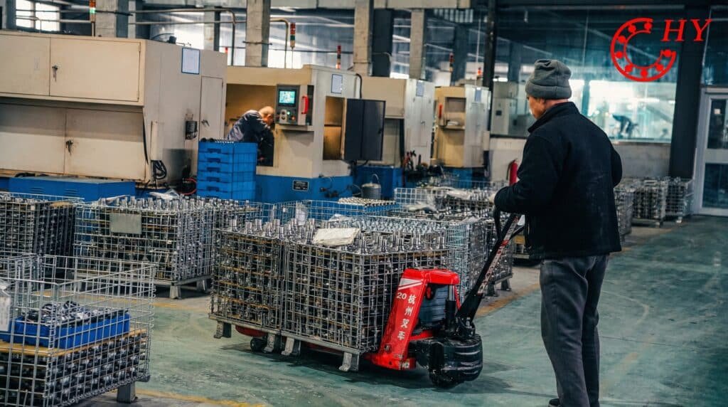 The neatly stacked products to be dispatched and the busy logistics handling operations