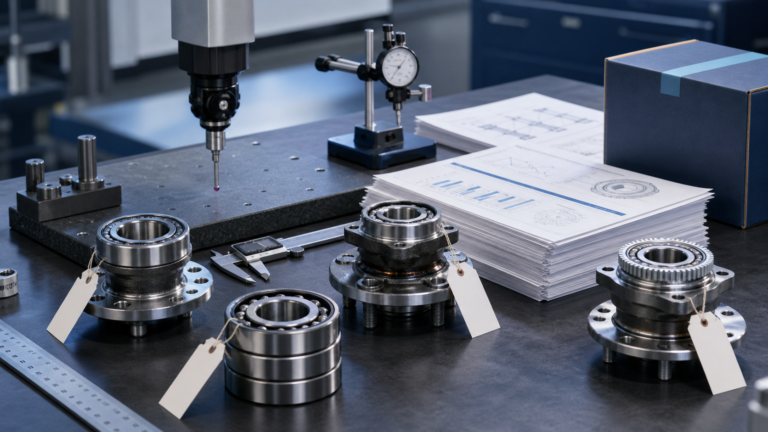 Automotive bearing sample approval bench with tagged samples, dimensional reports, gauges, and pilot order packaging