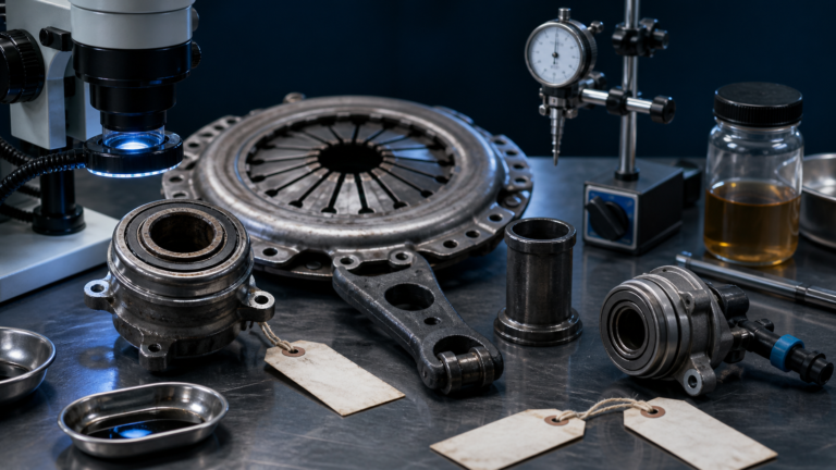 Clutch release bearing components organized for noise and failure analysis with fork, guide, clutch diaphragm, and inspection instruments