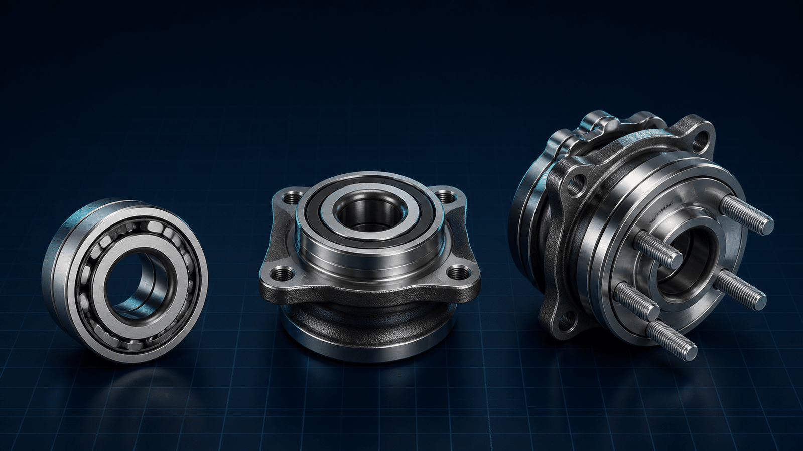 Three generations of automotive wheel hub bearings arranged from separate bearing to integrated hub assembly