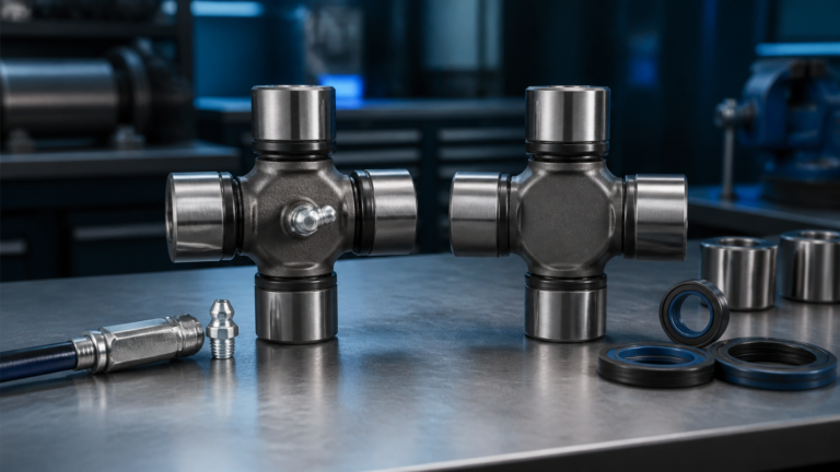 Greaseable universal joint with service fitting and sealed maintenance free universal joint displayed side by side