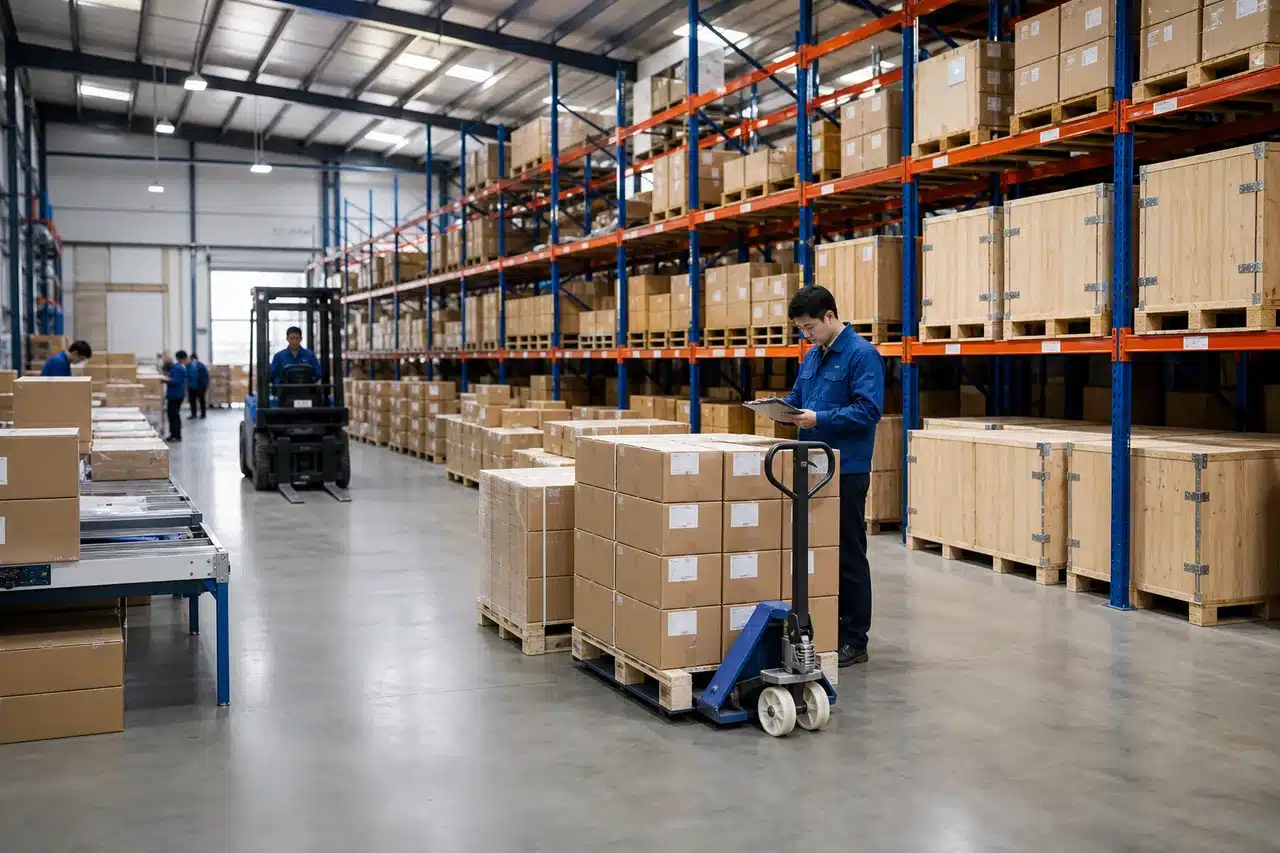 Huayuan Bearing warehouse with export cartons and logistics staff
