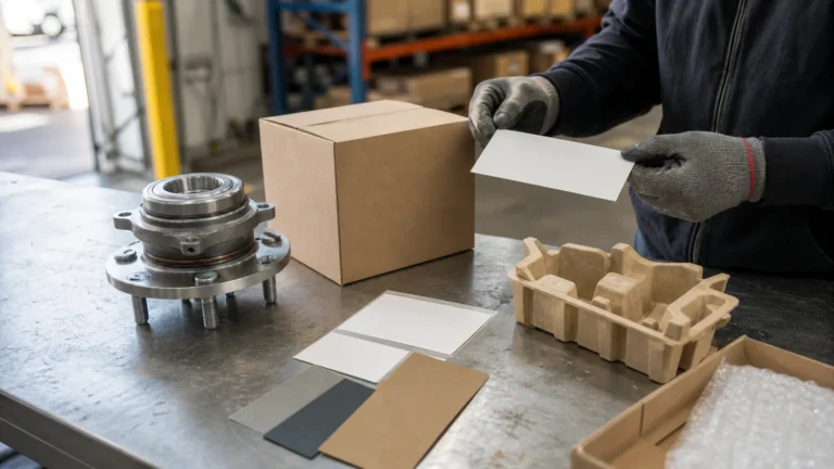 Packaging designer and auto parts buyer checking a neutral wheel hub carton label and barcode proof