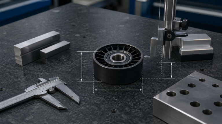 Automotive tensioner pulley dimensional inspection showing diameter width offset groove and mounting measurement concepts