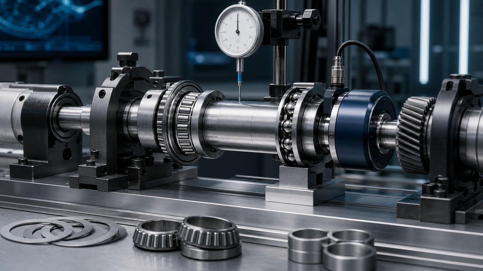 Transmission shaft bearing preload and clearance setup with tapered roller bearings, shims, spacers, torque gauge, and endplay indicator