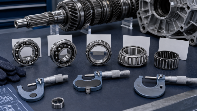 Transmission bearings of different types arranged with bore outside diameter and width measurement instruments