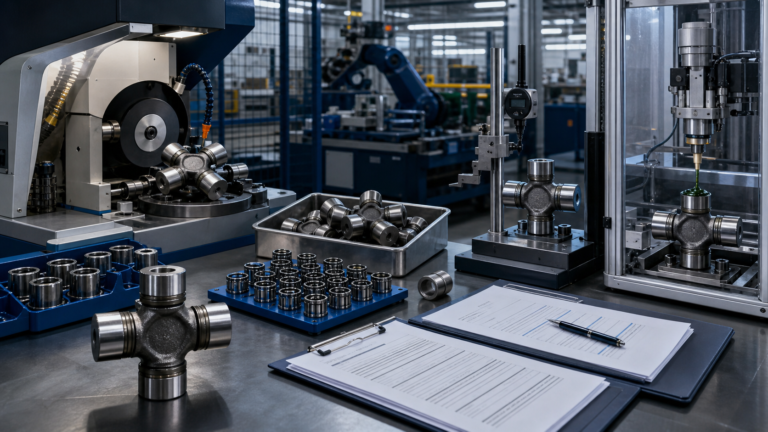 Universal joint manufacturing audit with process flow, metrology stations, heat treatment records, components, and traceability samples