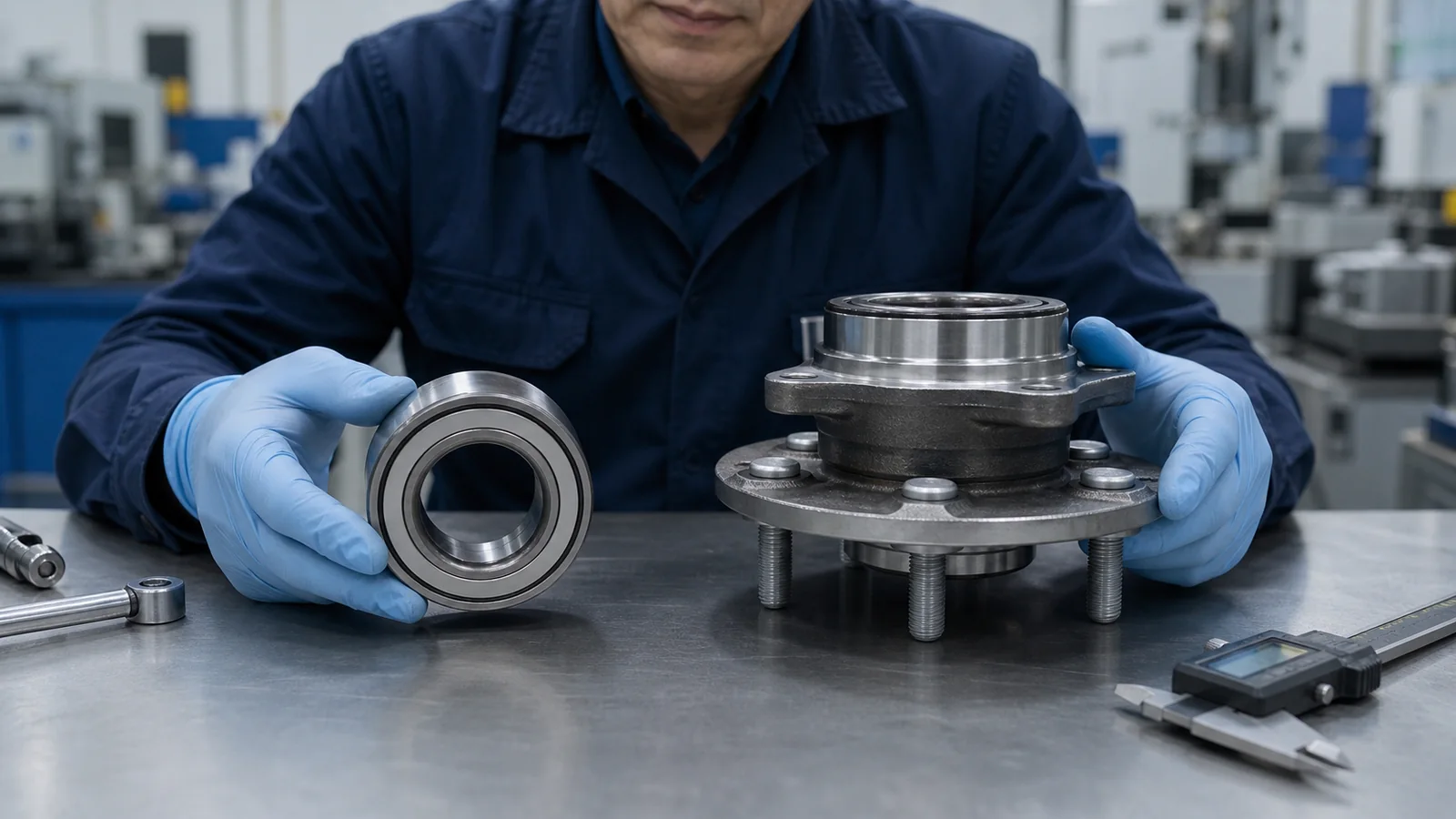 Engineer comparing a wheel bearing and complete wheel hub assembly at an inspection bench
