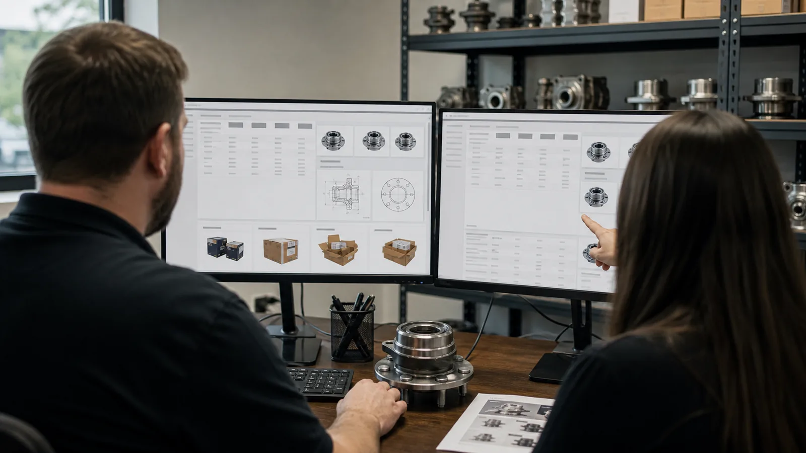 Automotive catalog data team reviewing wheel hub fitment records and product images on dual monitors