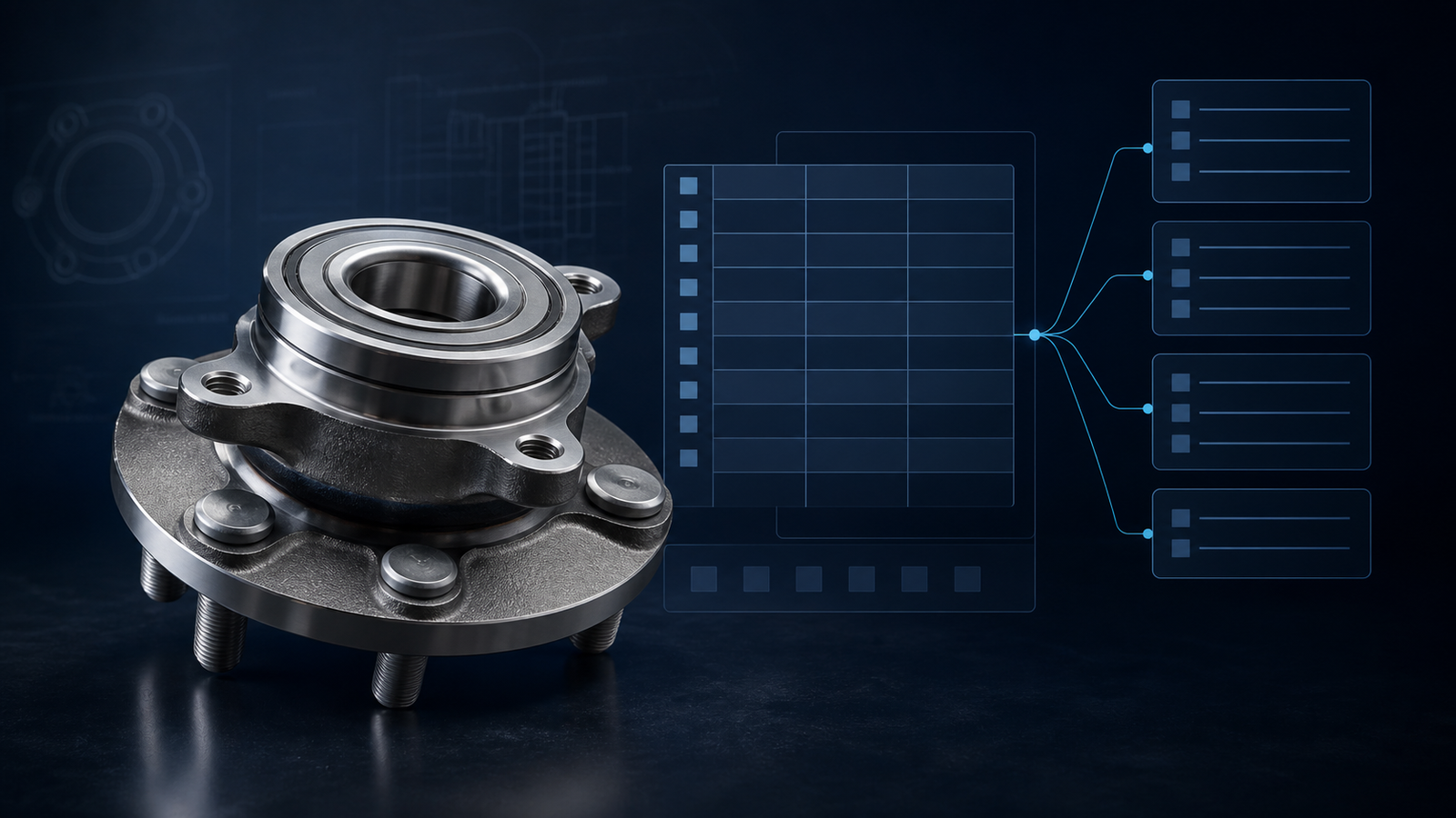 Wheel hub bearing beside a structured automotive OE cross-reference and fitment data grid