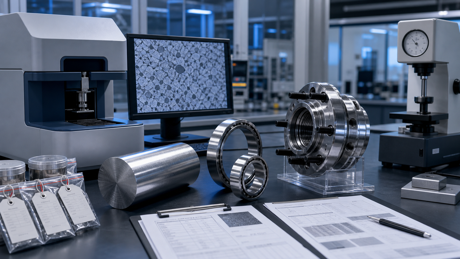 Bearing steel verification laboratory with steel sample, wheel hub rings, spectrometer, and microstructure inspection