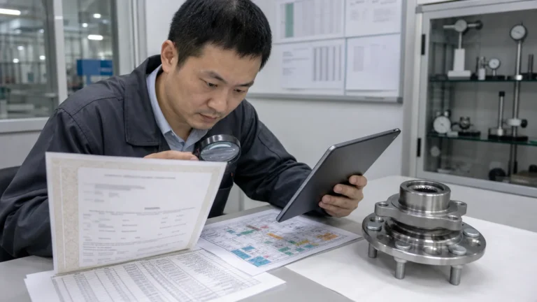 Supplier quality analyst comparing a certificate record with wheel hub program documents