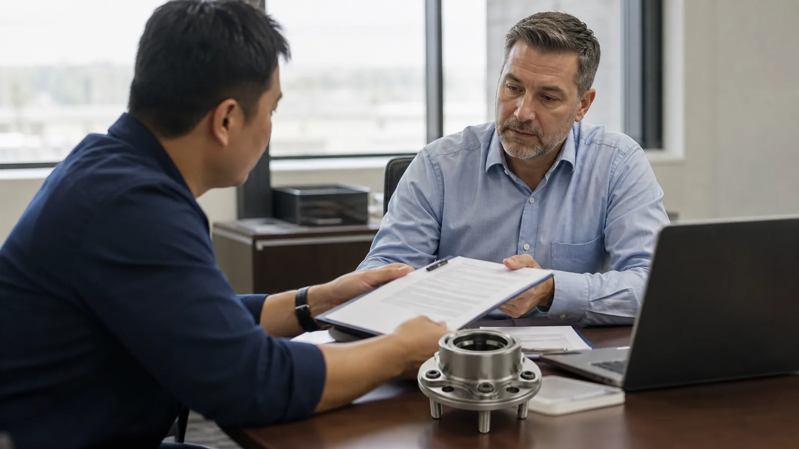 Importer and licensed customs broker reviewing wheel hub shipment instructions in an office