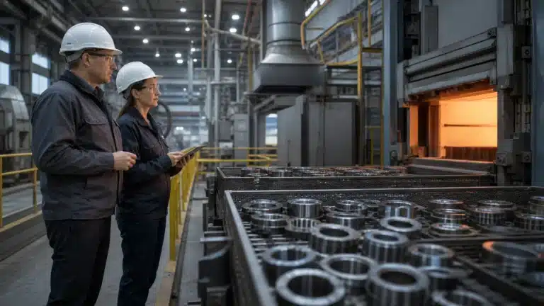 Supplier quality auditor observing industrial heat treatment for bearing components