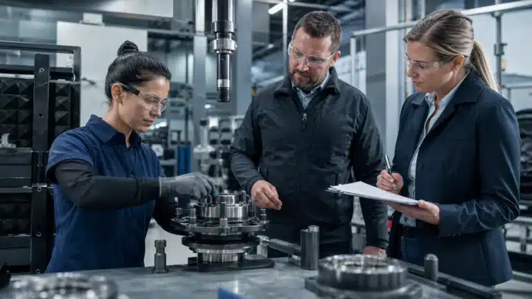 Plant manager and quality auditor verifying a wheel hub process at the workstation