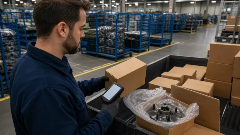 Warehouse quality specialist scanning wheel hub carton labels in a quarantine area