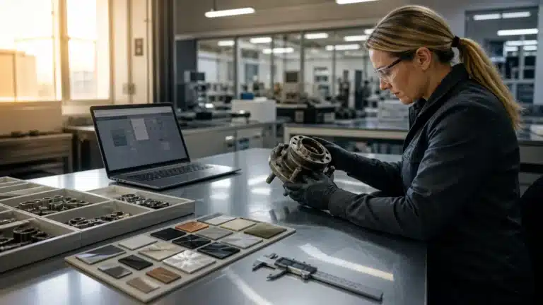 Compliance specialist reviewing an unbranded wheel hub material and coating evidence map