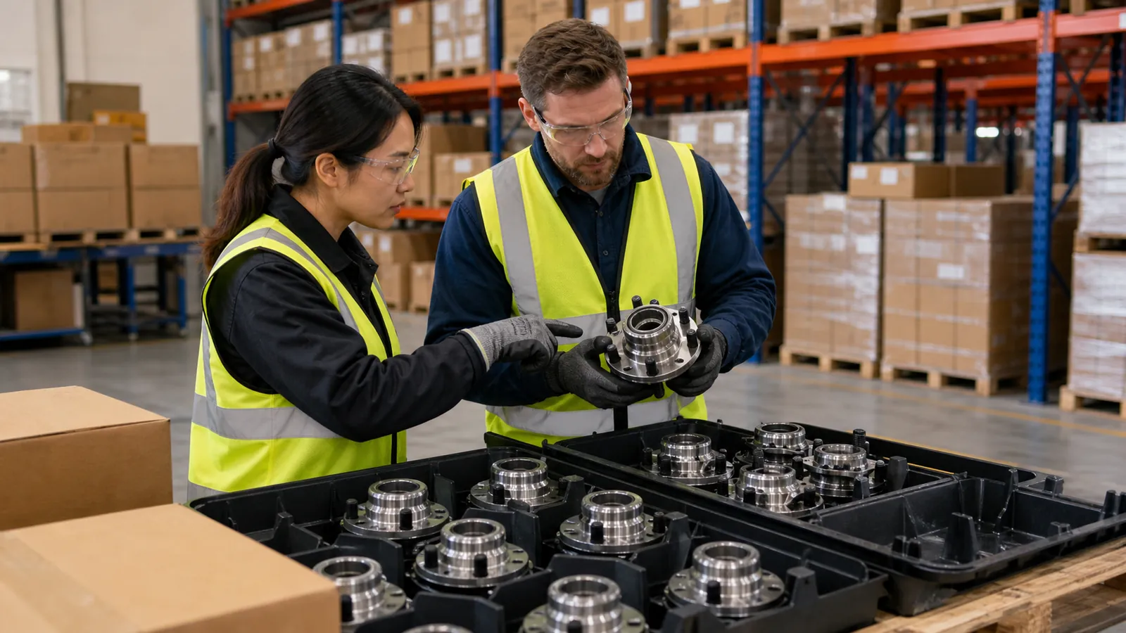 Warehouse planners reviewing wheel hub assembly quantities and inventory