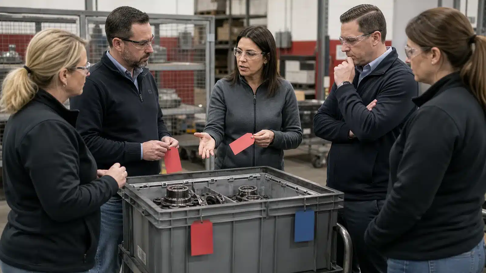 Cross-functional quality team reviewing segregated wheel hub nonconforming material
