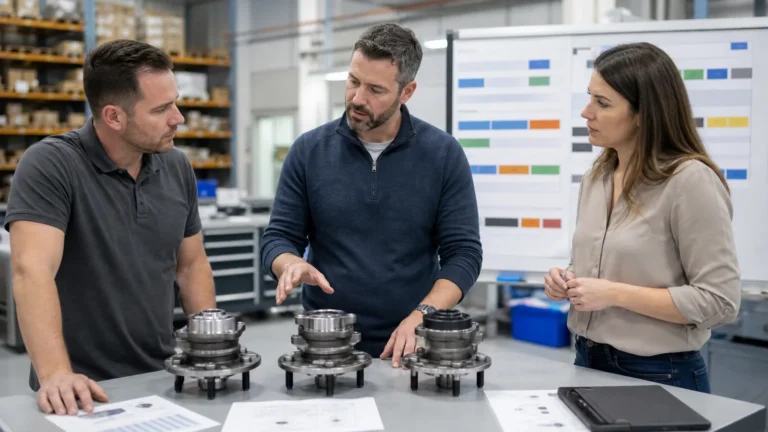 Aftermarket category managers reviewing wheel hub samples and a new SKU launch board