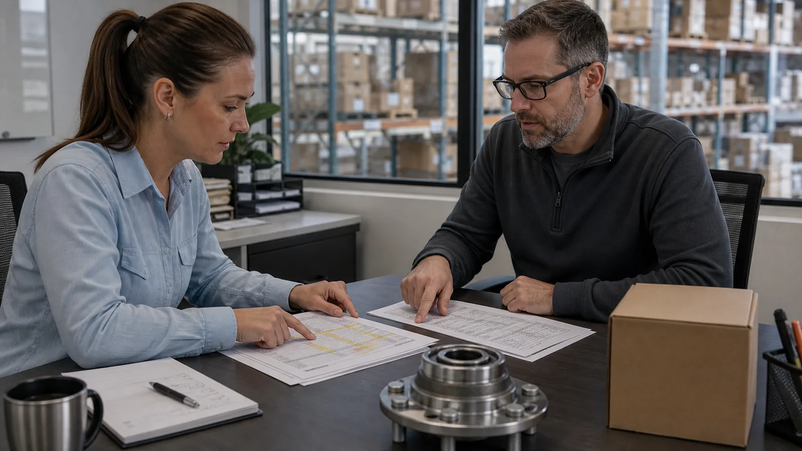 Buyer and supplier coordinator comparing a wheel hub purchase order with an acknowledgment