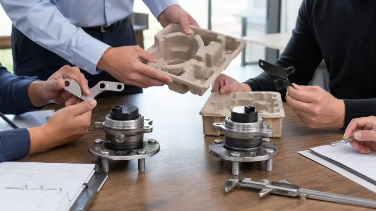 Procurement and quality managers reviewing a wheel hub product change notification in a meeting room