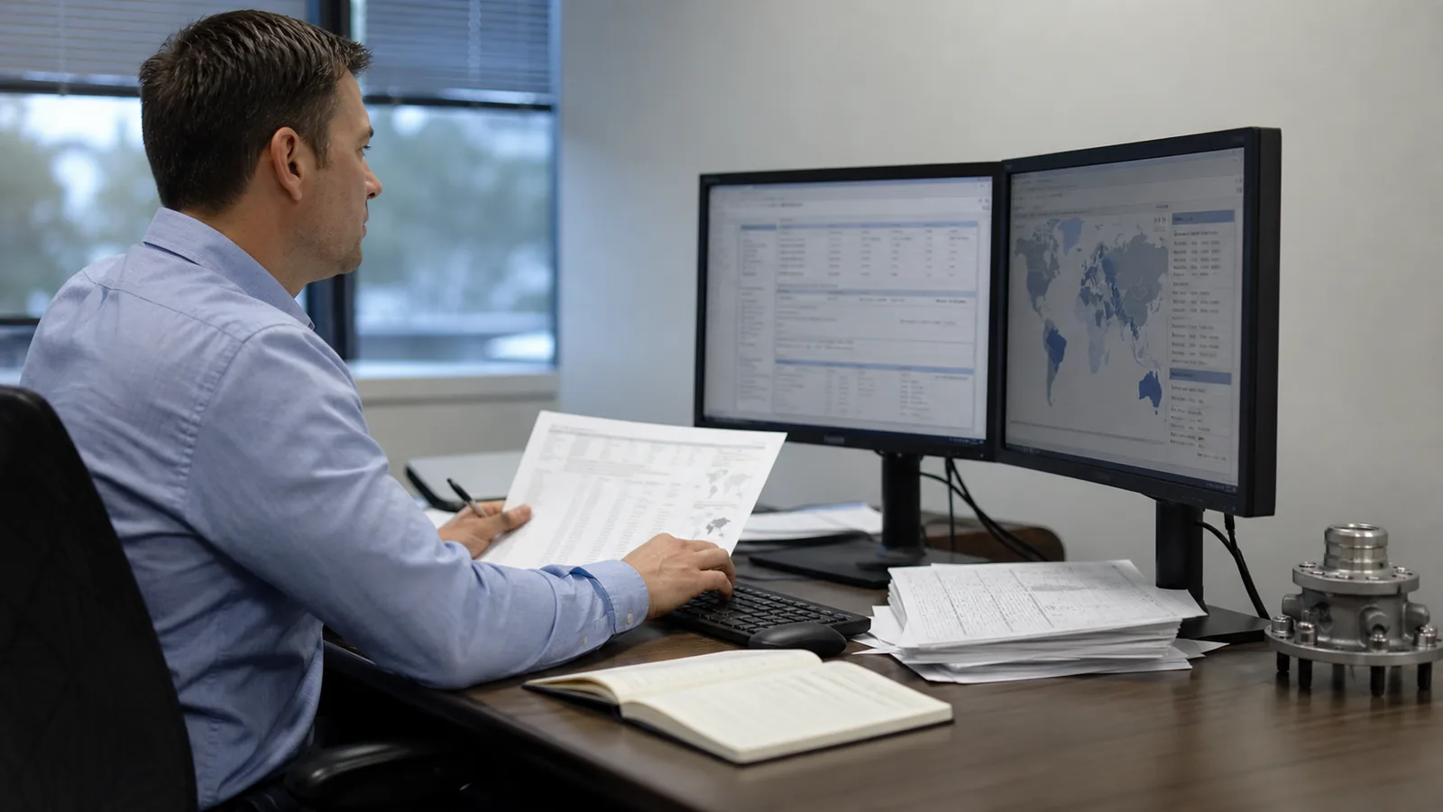 Trade compliance analyst reviewing shipment parties and addresses for an unbranded wheel hub order