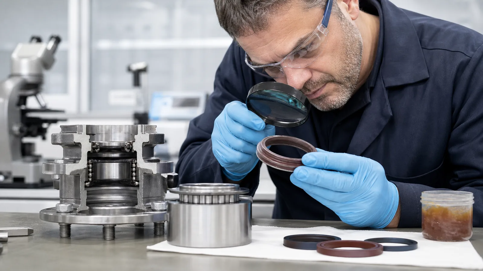 Quality engineer examining a wheel hub seal and lubricant evidence at an inspection bench