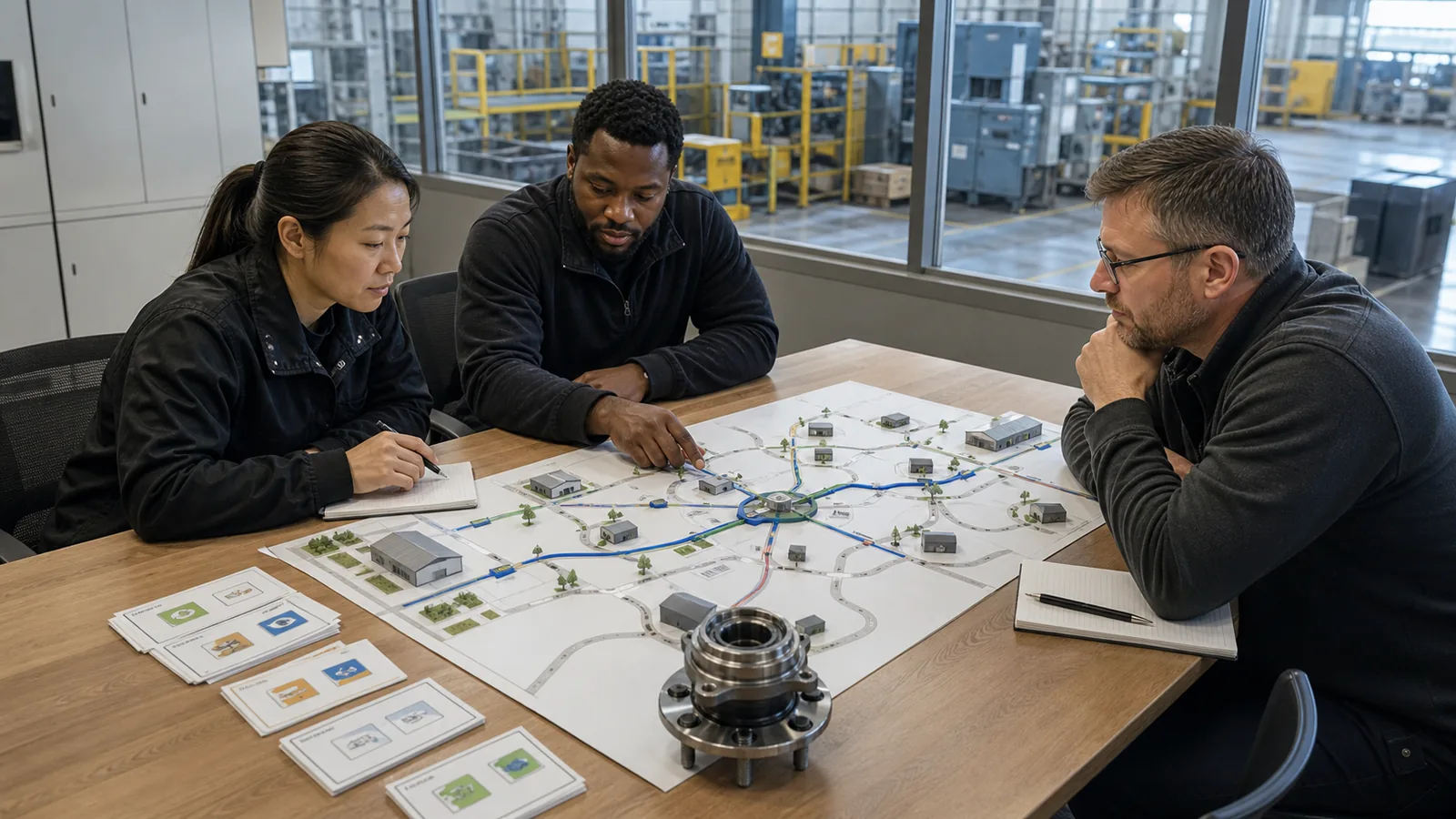 Supply chain risk team mapping wheel hub supplier continuity scenarios in a factory meeting room