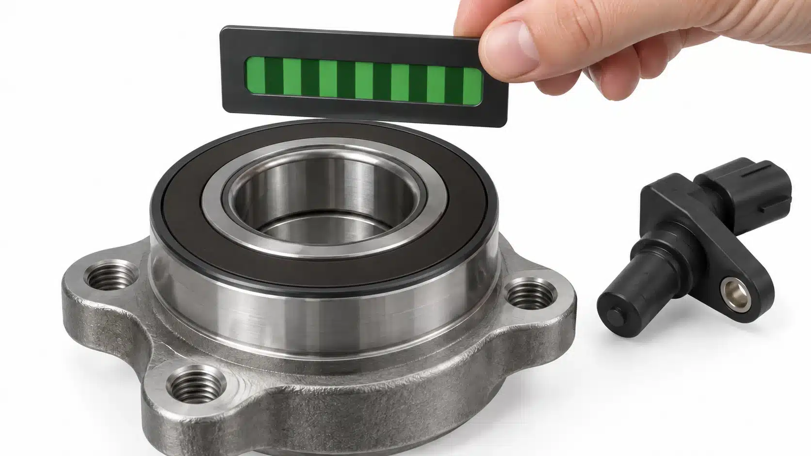 Conceptual illustration of a magnetic viewing card above a wheel bearing encoder seal