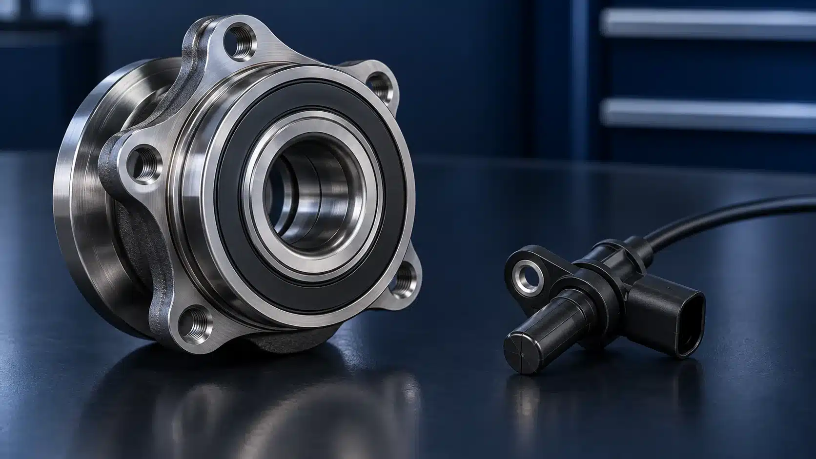 Illustration of a wheel hub bearing with a dark encoder seal beside a separate wheel-speed sensor