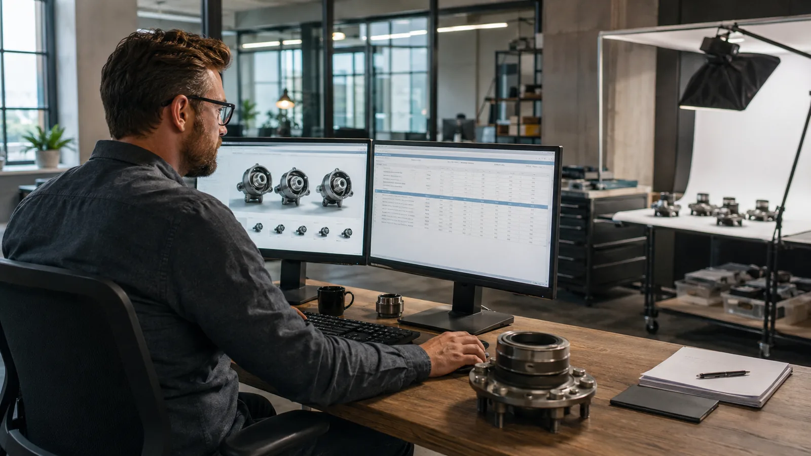 Catalog analyst reviewing unbranded wheel hub photographs beside structured fitment records on two monitors