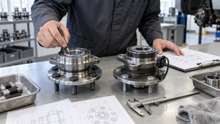 Parts specialist comparing two unbranded wheel hub bearing samples and technical drawings