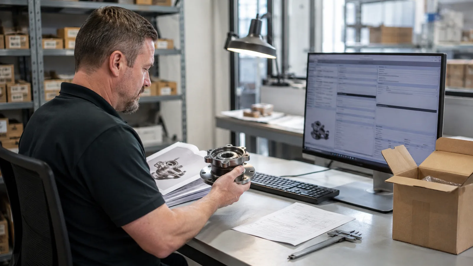 Catalog editor checking wheel hub product records beside unbranded components and plain packaging