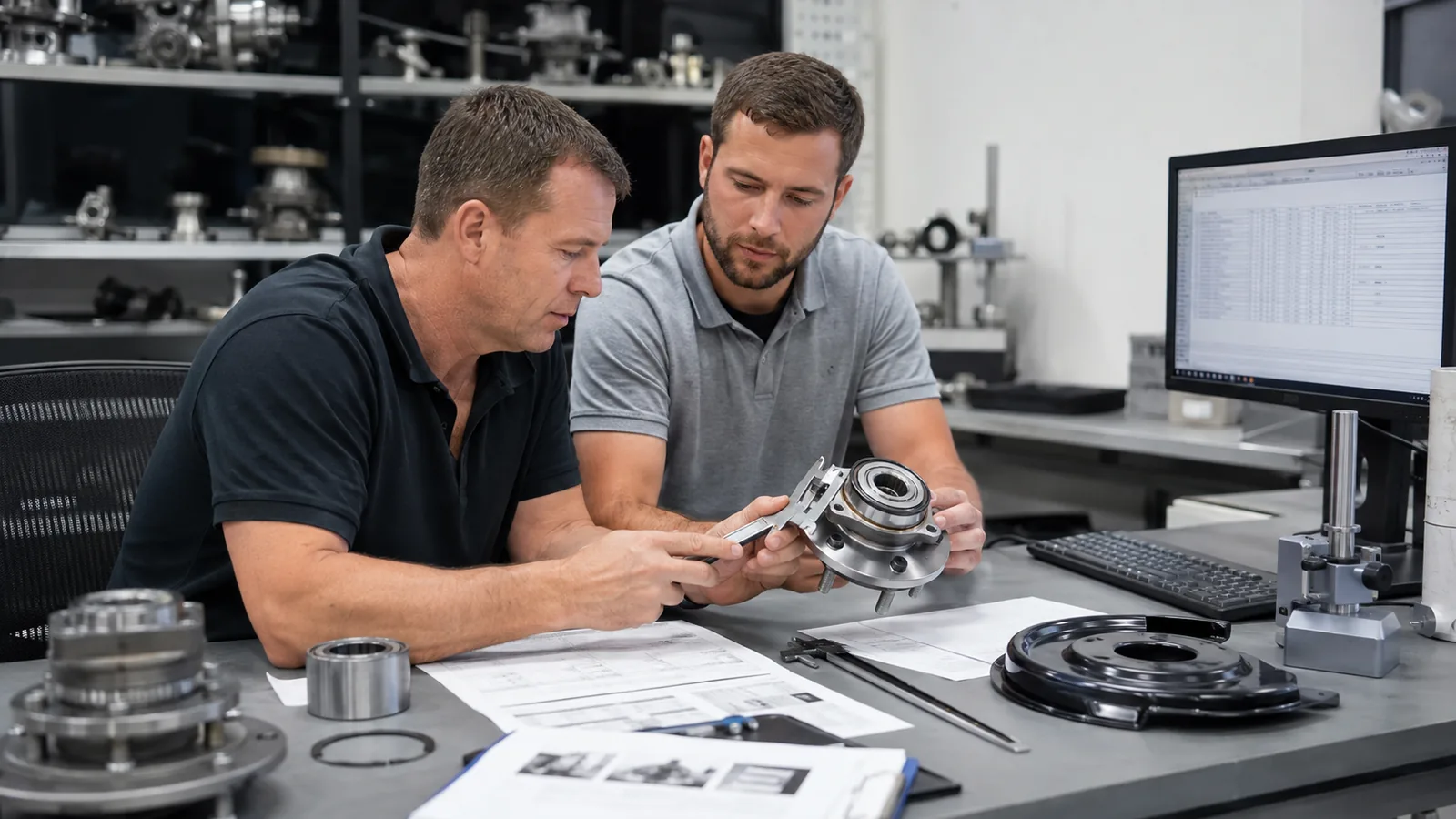 Fitment analysts reviewing vehicle application records and unbranded wheel hub samples in a catalog lab