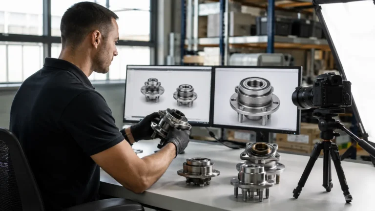 Digital asset reviewer comparing wheel hub photographs with physical unbranded samples on an inspection table