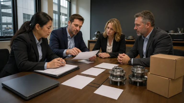 Legal, security and catalog buyers reviewing an AI service contract near unbranded wheel hub cartons