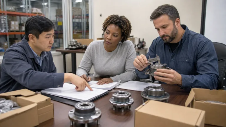 Procurement reviewers comparing supplier questionnaire evidence beside unbranded wheel hub cartons