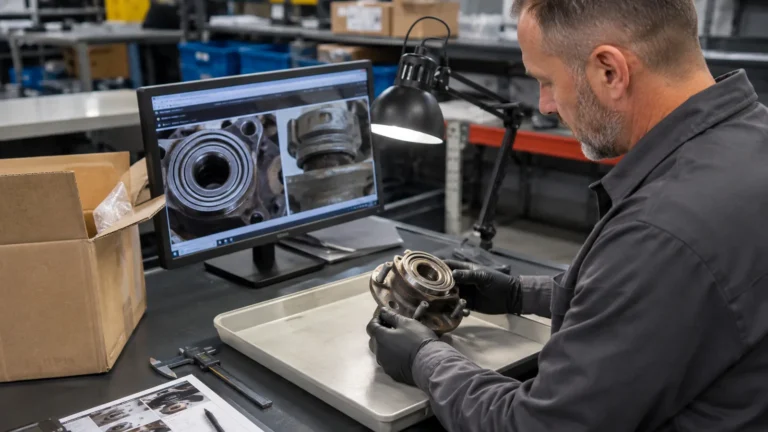 Warranty analyst reviewing returned wheel hub evidence and photographs at a distributor claims desk