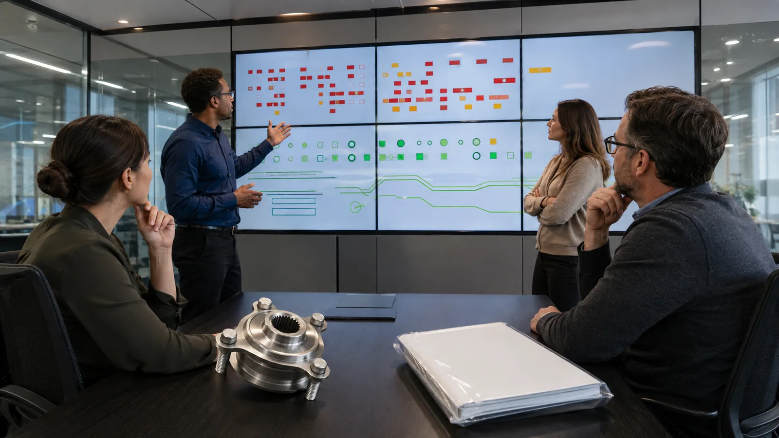 Catalog release team reviewing validation findings for unbranded wheel hub data in a structured acceptance meeting
