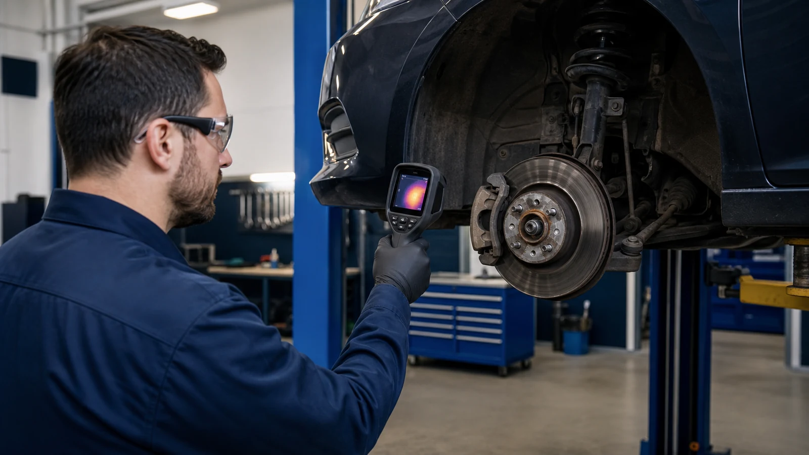 Automotive technician using a thermal camera to inspect an exposed wheel hub and brake rotor