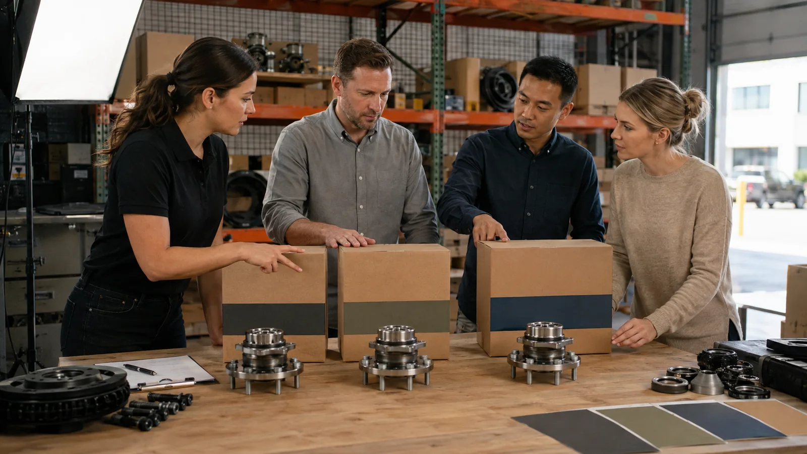 Catalog governance team separating plain private-label wheel hub packaging identities at a document review table