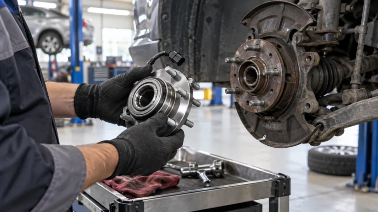 Technician comparing a clean unbranded wheel hub bearing with the exposed vehicle wheel end