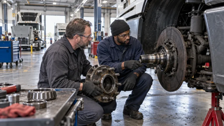 Technician inspecting an unbranded heavy-truck wheel hub in a commercial workshop