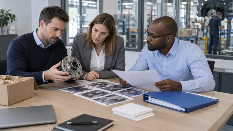 EU aftermarket compliance team reviewing neutral wheel hub records and condition labels
