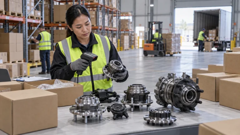 International automotive parts warehouse with unbranded wheel hubs prepared for export inspection