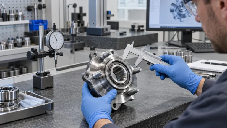 Quality engineer measuring an unbranded wheel hub bearing on a metrology bench