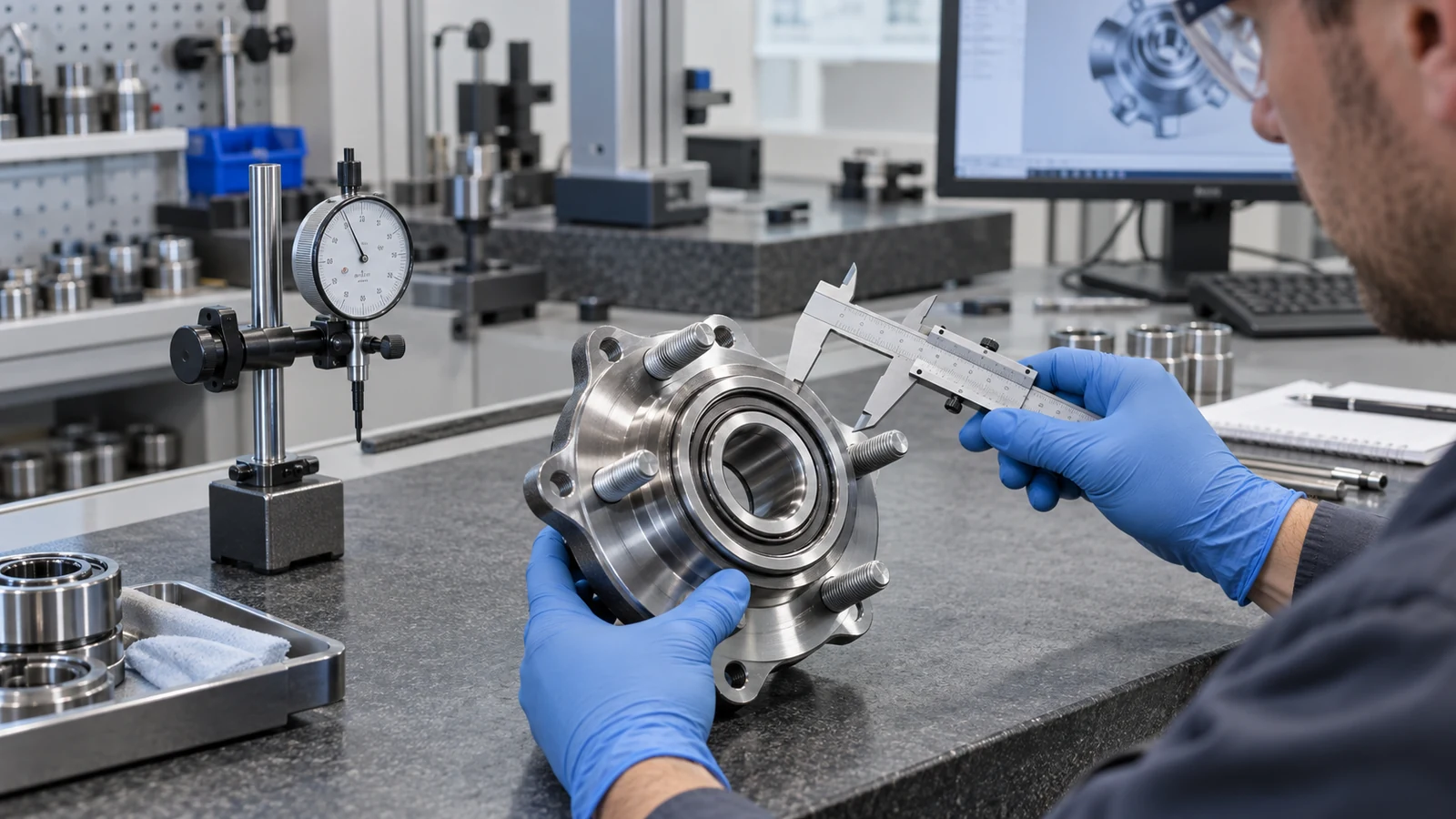 Quality engineer measuring an unbranded wheel hub bearing on a metrology bench