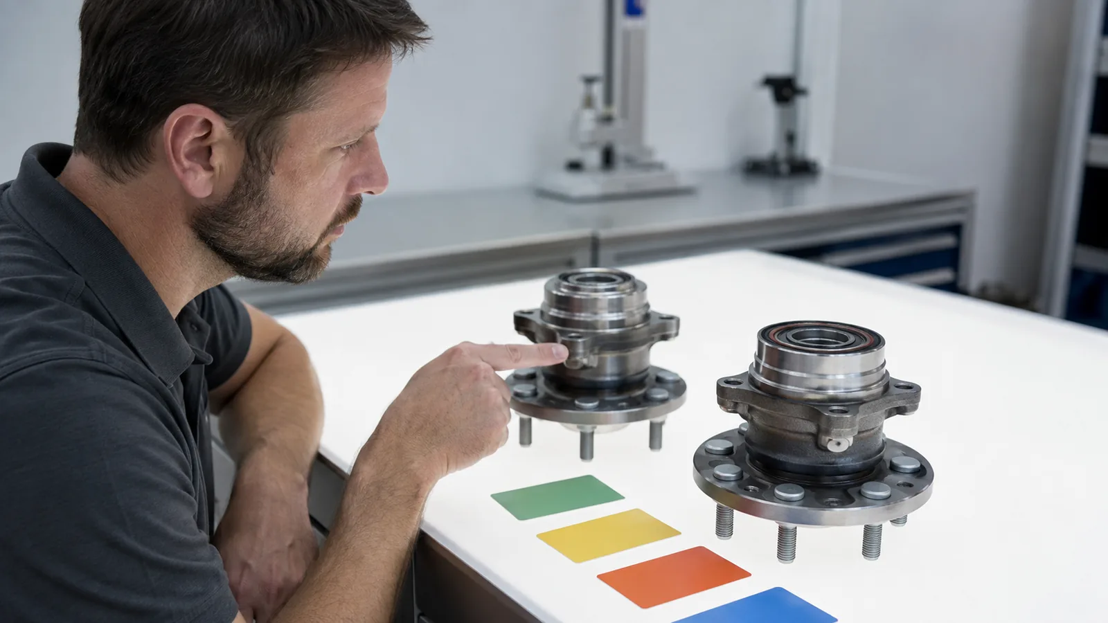 Catalog quality specialist comparing structured qualifier records with two distinct unbranded wheel hub assemblies